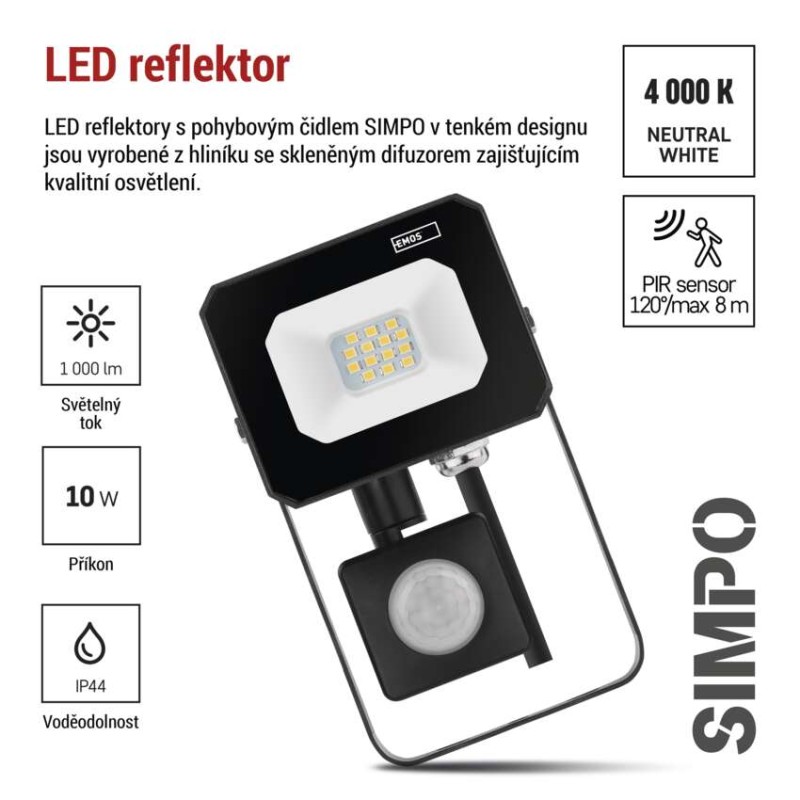 LED reflektor SIMPO s pohybovým čidlem, 10 W, černý, neutrální bílá
