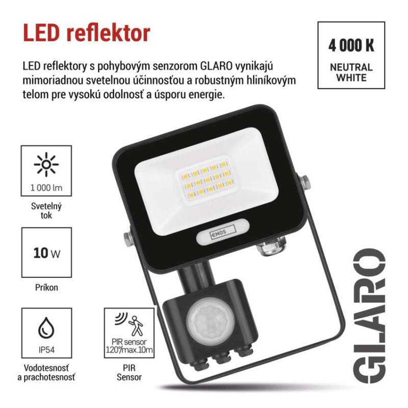 LED reflektor GLARO s pohybovým čidlom, 10 W, čierny, IP54, 1000 lm, neutrálna biela