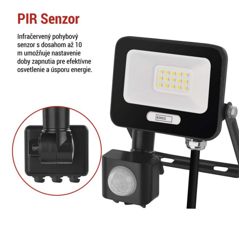 LED reflektor GLARO s pohybovým čidlom, 10 W, čierny, IP54, 1000 lm, neutrálna biela