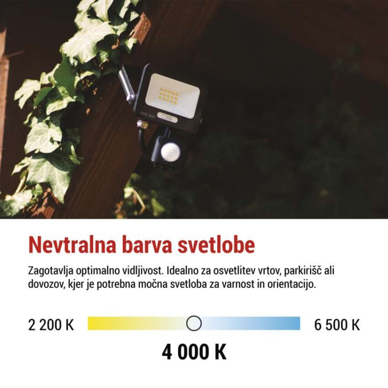 LED reflektor GLARO PIR 10 W, črni, IP54, 1000 lm, nevtralna bela