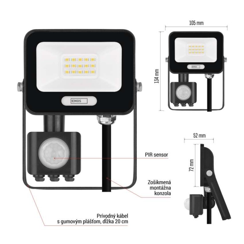 LED reflektor GLARO s pohybovým čidlom, 10 W, čierny, IP54, 1000 lm, neutrálna biela