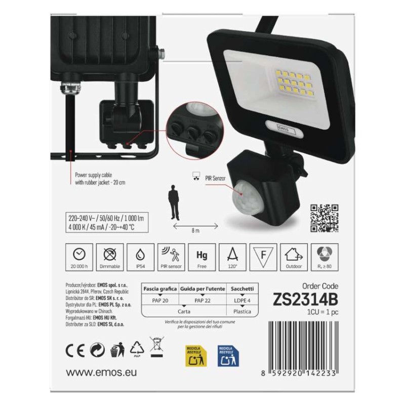 LED reflektor GLARO s pohybovým čidlom, 10 W, čierny, IP54, 1000 lm, neutrálna biela