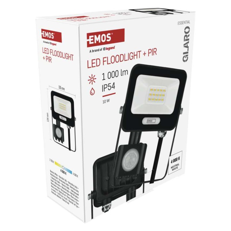 LED reflektor GLARO s pohybovým čidlom, 10 W, čierny, IP54, 1000 lm, neutrálna biela