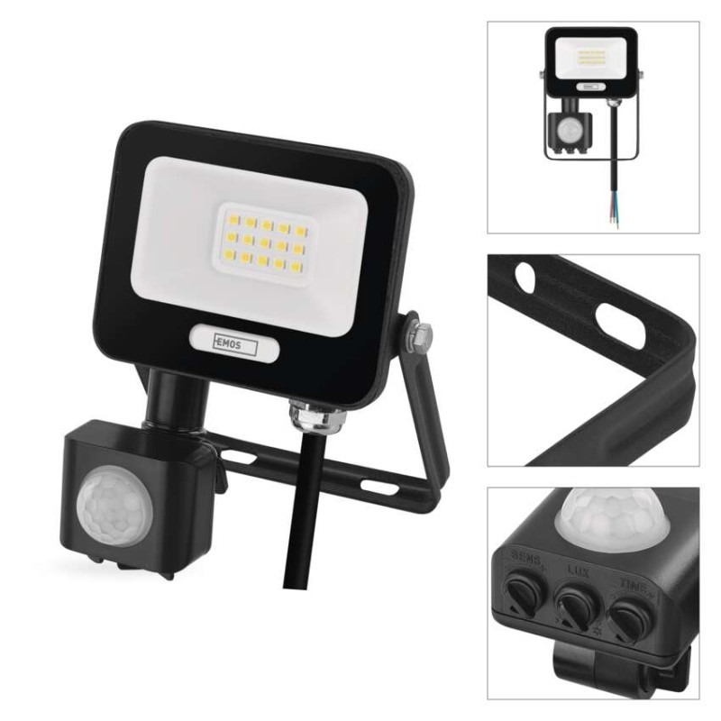 LED reflektor GLARO s pohybovým čidlom, 10 W, čierny, IP54, 1000 lm, neutrálna biela