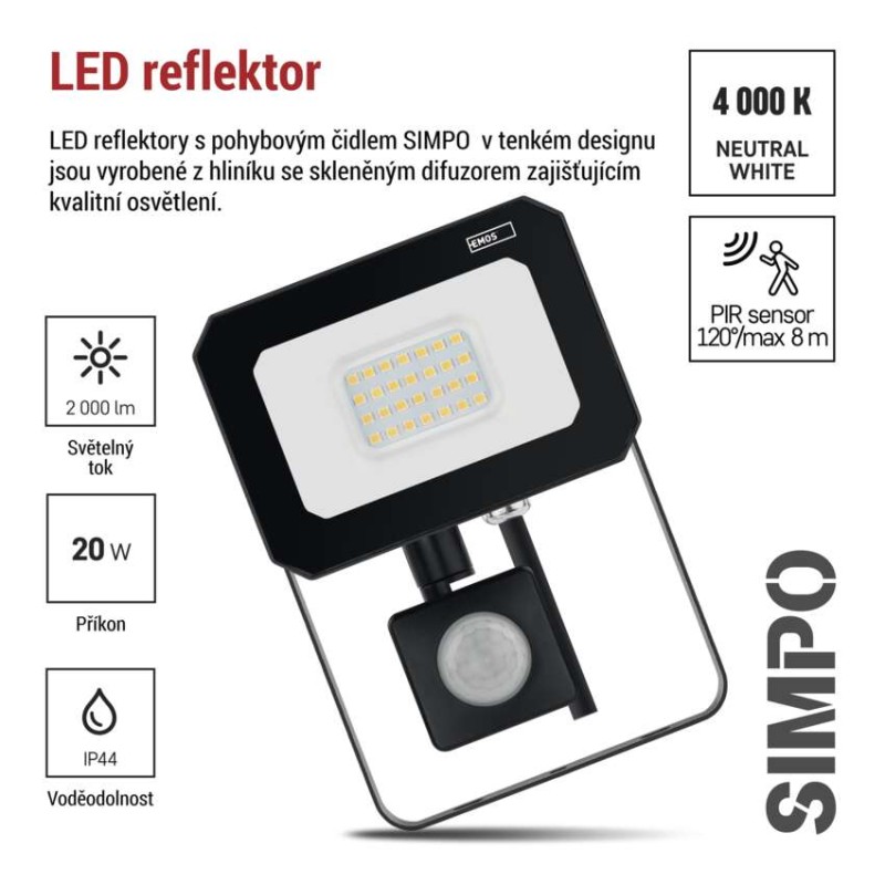 LED reflektor SIMPO s pohybovým čidlem, 20 W, černý, neutrální bílá