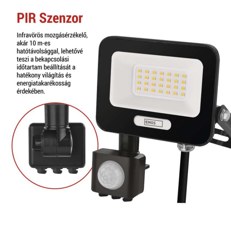 LED reflektor GLARO PIR 20 W, fekete, IP54, 2000 lm, természetes fehér