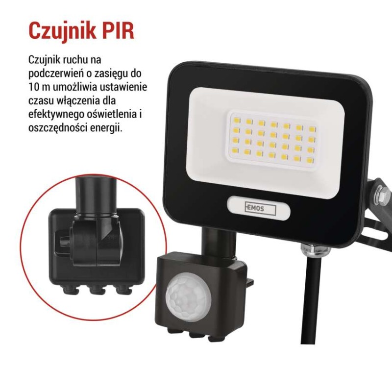 LED reflektor GLARO PIR 20 W, fekete, IP54, 2000 lm, természetes fehér