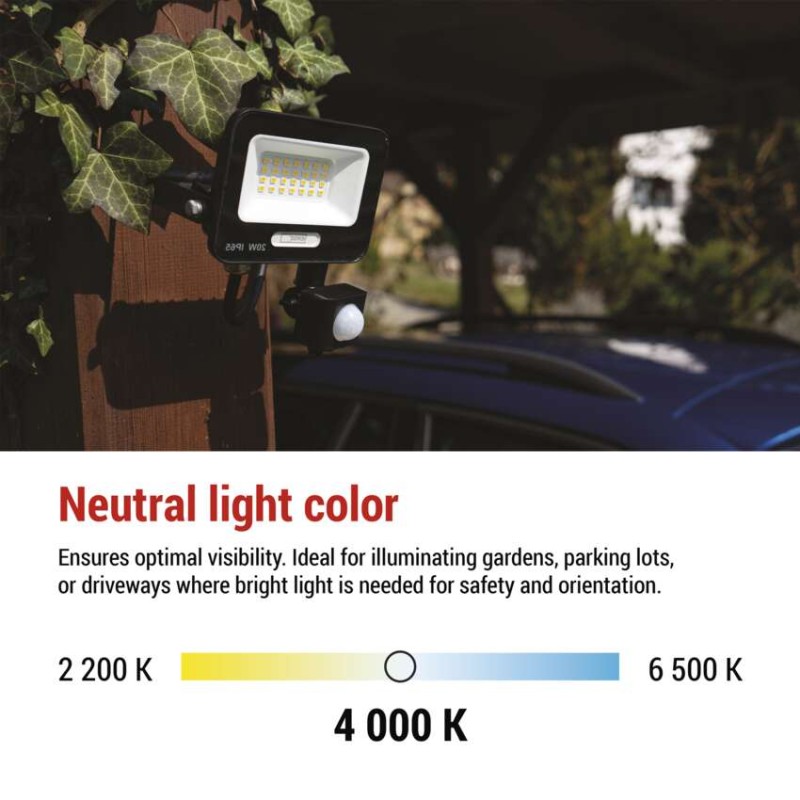 LED reflektor GLARO PIR 20 W, fekete, IP54, 2000 lm, természetes fehér