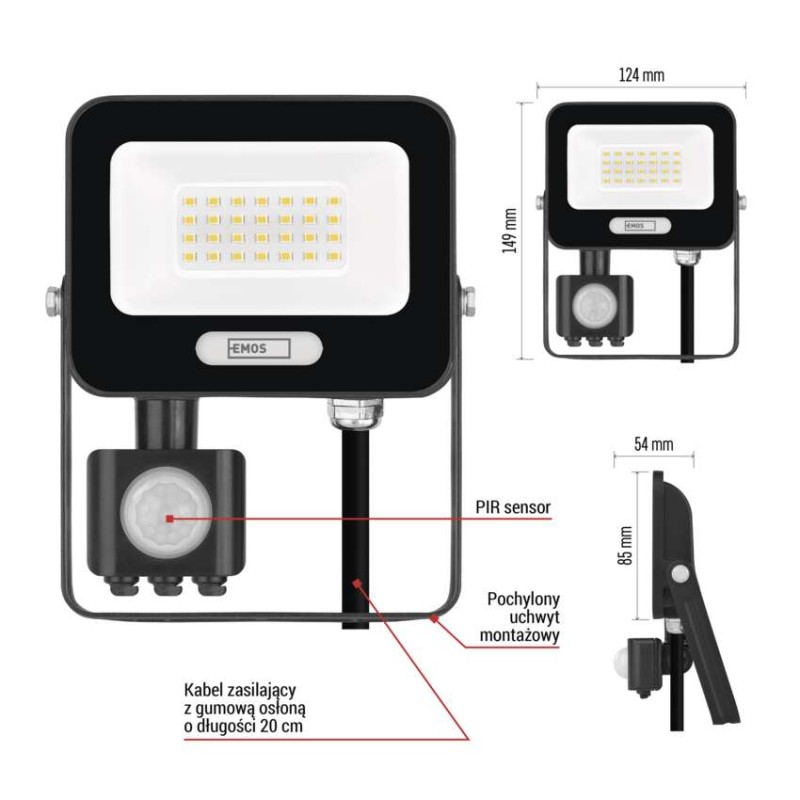 Naświetlacz LED GLARO PIR 20 W, czarny, IP54, 2000 lm, neutralna biel