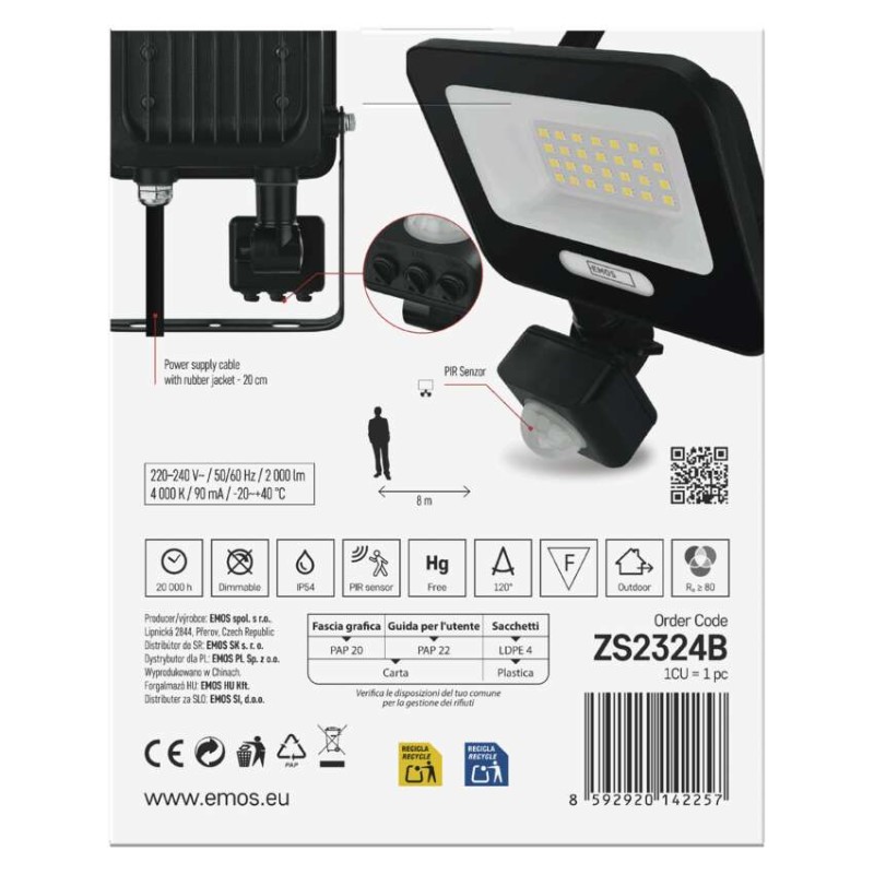 LED reflektor GLARO PIR 20 W, fekete, IP54, 2000 lm, természetes fehér