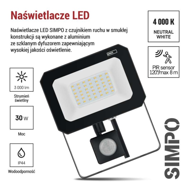 Naświetlacz LED SIMPO 30W, z czujn. PIR, czarny, neutralna biel
