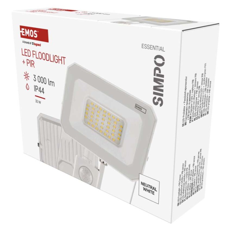  LED reflektor SIMPO 30W 3000LM IP44 PIR semleges fehér