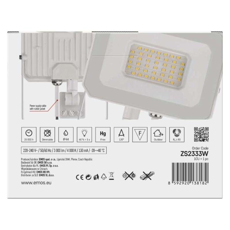  LED reflektor SIMPO 30W 3000LM IP44 PIR semleges fehér