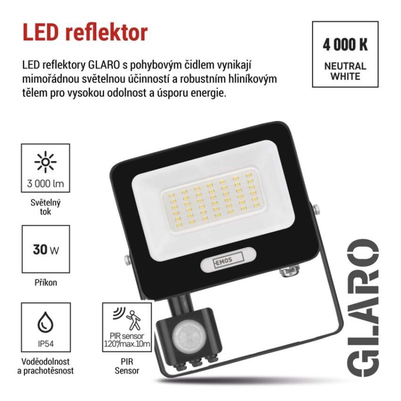 LED reflektor GLARO s pohybovým čidlem, 30 W, černý, IP54, 3000 lm, neutrální bílá
