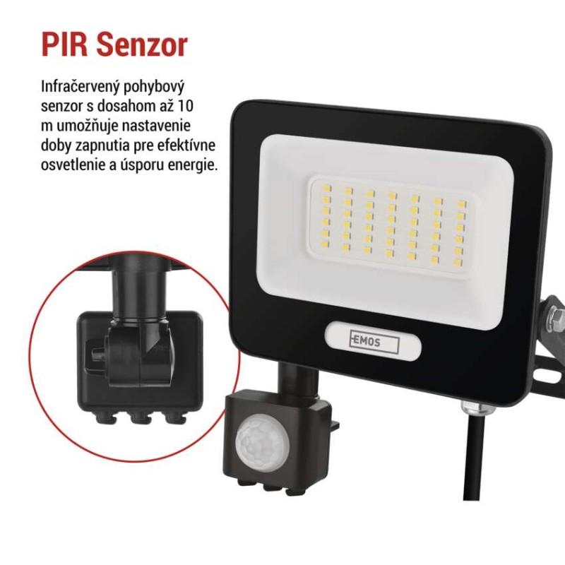 LED reflektor GLARO s pohybovým čidlom, 30 W, čierny, IP54, 3000 lm, neutrálna biela