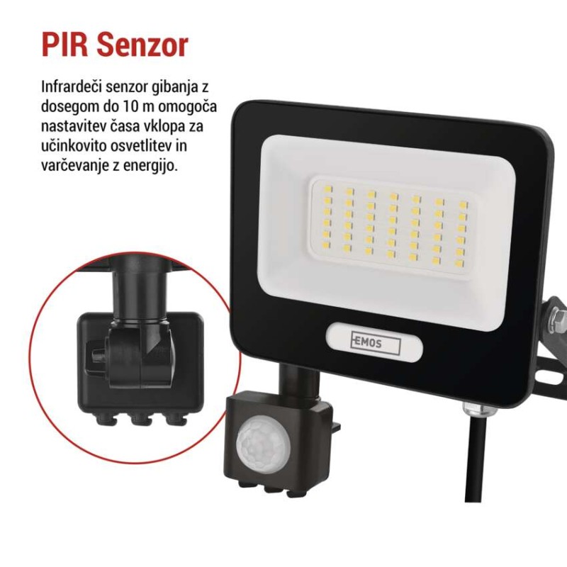 LED reflektor GLARO PIR 30 W, črni, IP54, 3000 lm, nevtralna bela