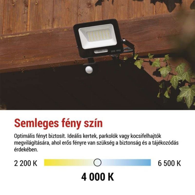 LED reflektor GLARO PIR 30 W, fekete, IP54, 3000 lm, természetes fehér