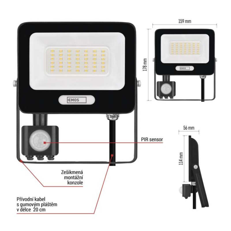 LED reflektor GLARO s pohybovým čidlem, 30 W, černý, IP54, 3000 lm, neutrální bílá