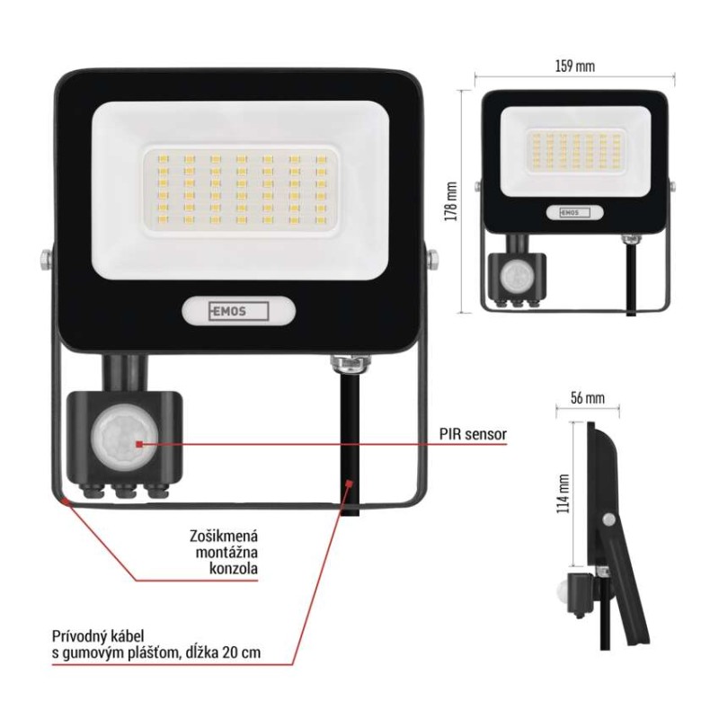 LED reflektor GLARO s pohybovým čidlom, 30 W, čierny, IP54, 3000 lm, neutrálna biela