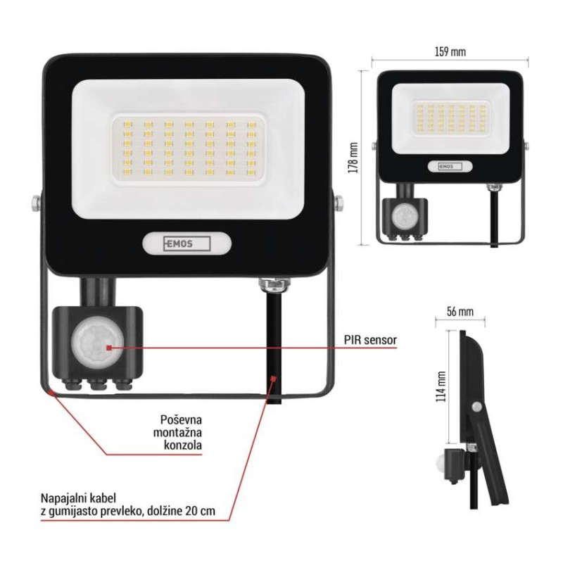 LED reflektor GLARO PIR 30 W, črni, IP54, 3000 lm, nevtralna bela