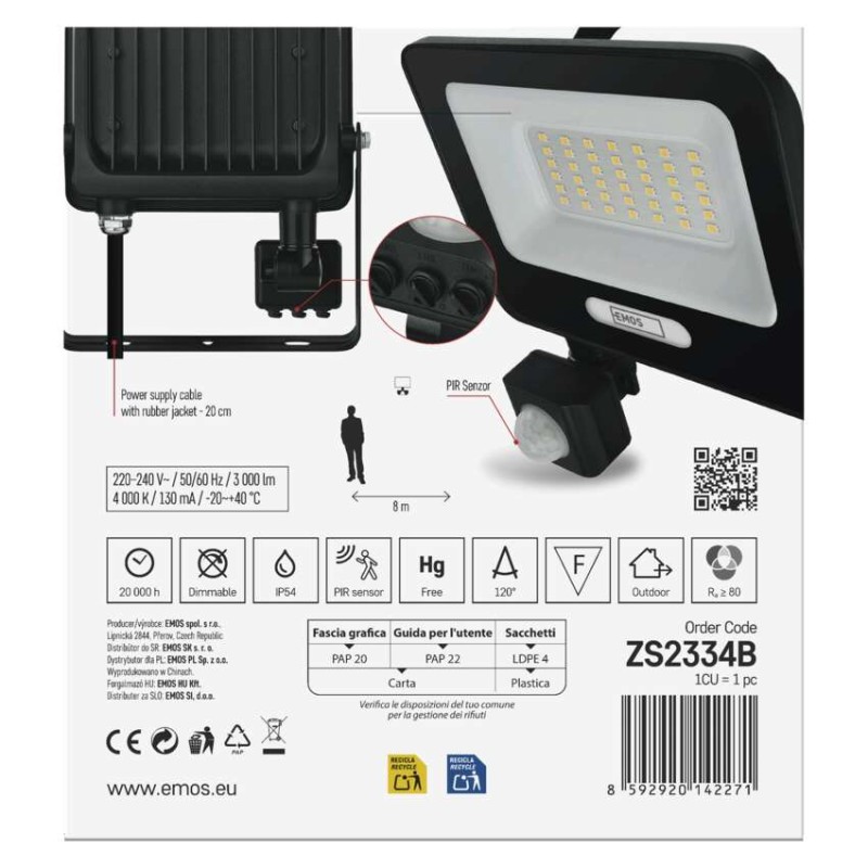 LED reflektor GLARO PIR 30 W, fekete, IP54, 3000 lm, természetes fehér