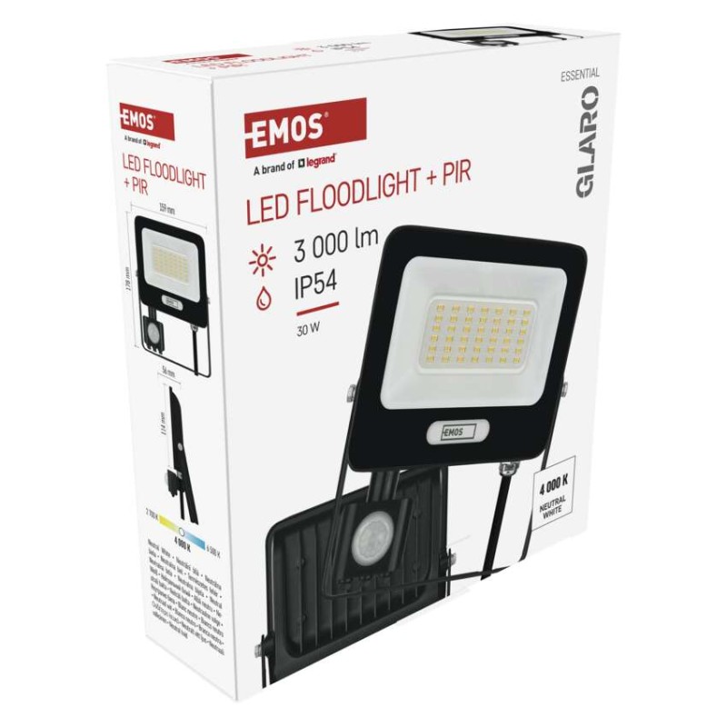 LED reflektor GLARO PIR 30 W, fekete, IP54, 3000 lm, természetes fehér
