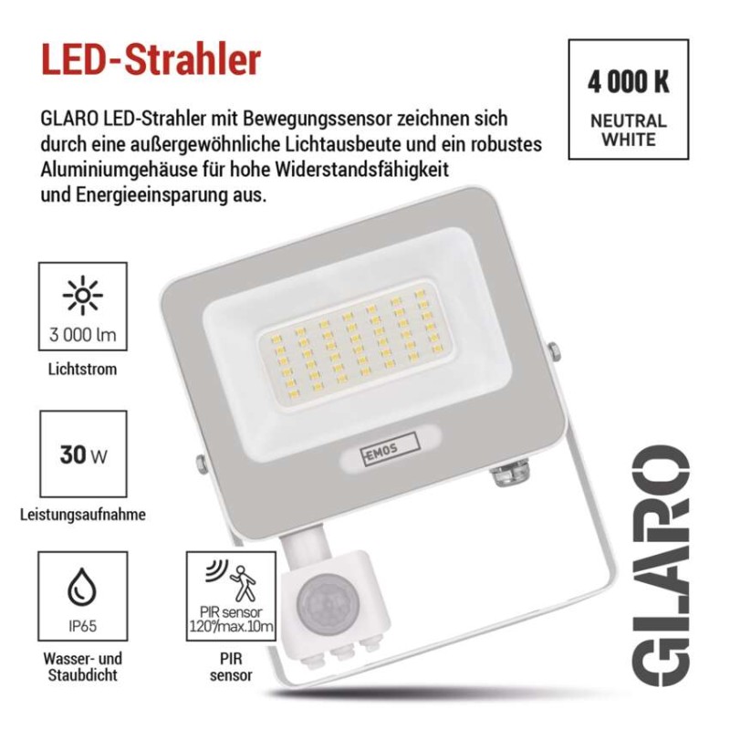 LED reflektor GLARO mit Bewegungssensor, 30 W,weiß, IP54, 3000 lm, neutralweiß
