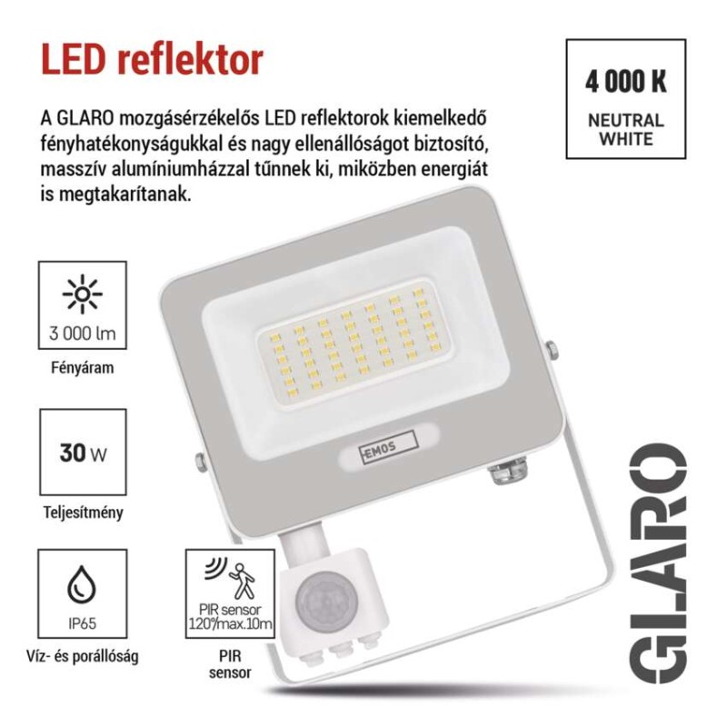 LED reflektor GLARO PIR 30 W, fehér, IP54, 3000 lm, természetes fehér