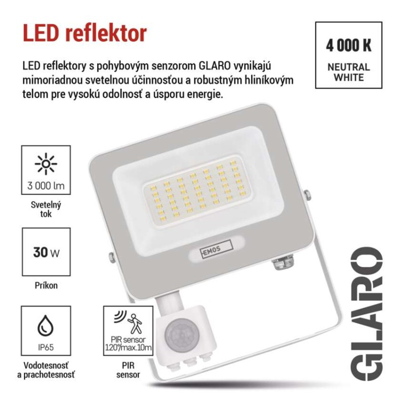 LED reflektor GLARO s pohybovým čidlom, 30 W, biely, IP54, 3000 lm, neutrálna biela