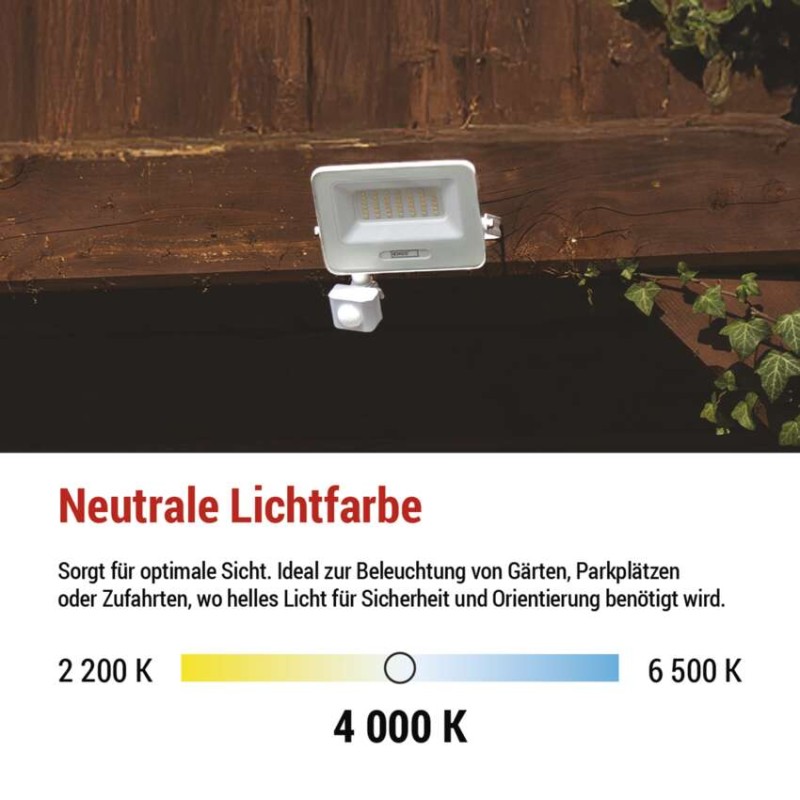 LED reflektor GLARO mit Bewegungssensor, 30 W,weiß, IP54, 3000 lm, neutralweiß