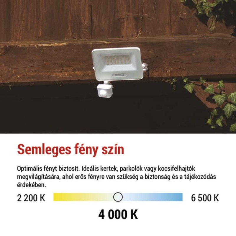 LED reflektor GLARO PIR 30 W, fehér, IP54, 3000 lm, természetes fehér