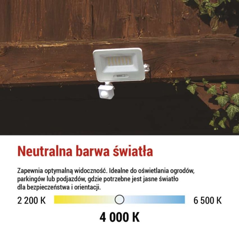 Naświetlacz LED GLARO PIR 30 W, biały, IP54, 3000 lm, neutralna biel