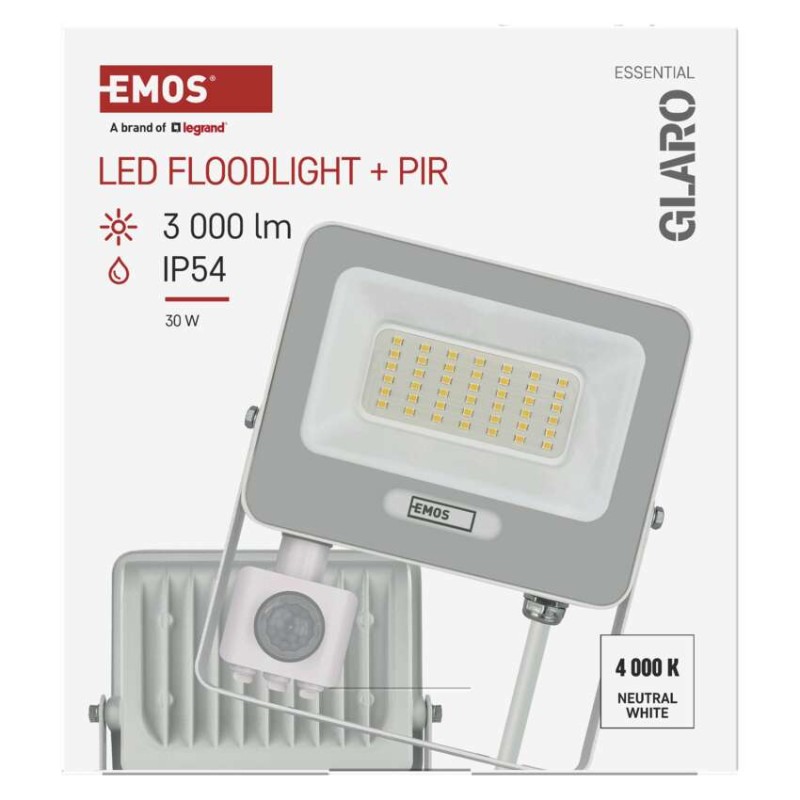 LED reflektor GLARO s pohybovým čidlom, 30 W, biely, IP54, 3000 lm, neutrálna biela