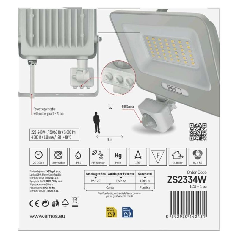 LED reflektor GLARO s pohybovým čidlom, 30 W, biely, IP54, 3000 lm, neutrálna biela