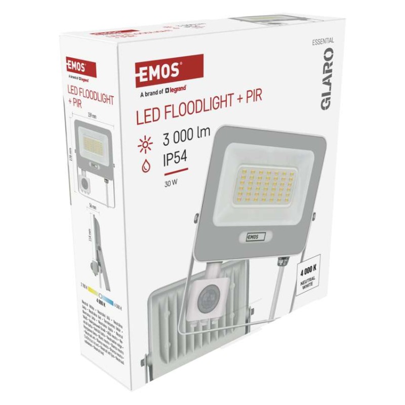 LED reflektor GLARO s pohybovým čidlom, 30 W, biely, IP54, 3000 lm, neutrálna biela