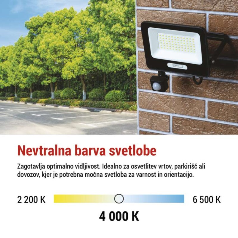 LED reflektor GLARO PIR 50 W, črni, IP54, 5000 lm, nevtralna bela