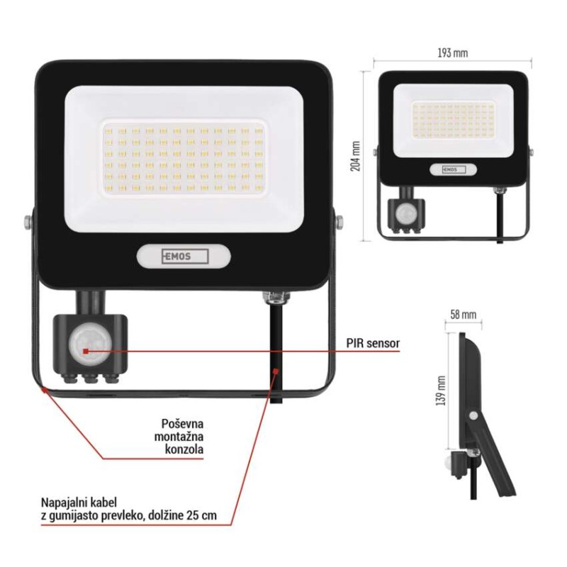 LED reflektor GLARO PIR 50 W, črni, IP54, 5000 lm, nevtralna bela