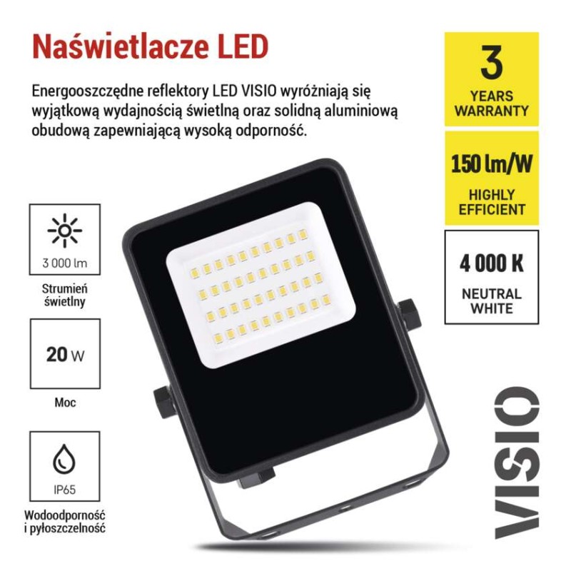 Naświetlacz LED VISIO 20W czarny neutralna biel