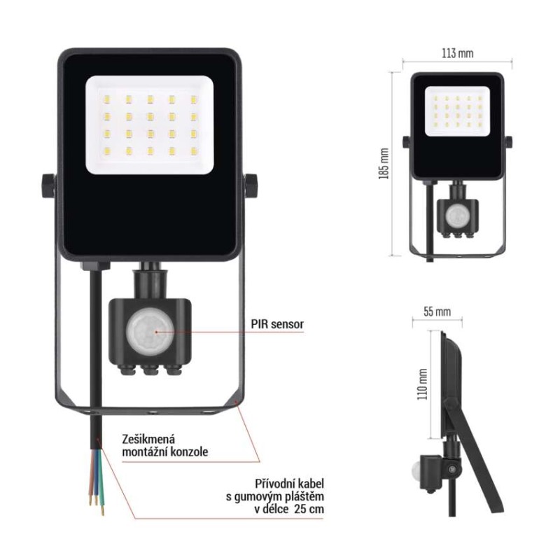 LED reflektor VISIO s pohybovým čidlem, 10 W, černý, neutrální bílá