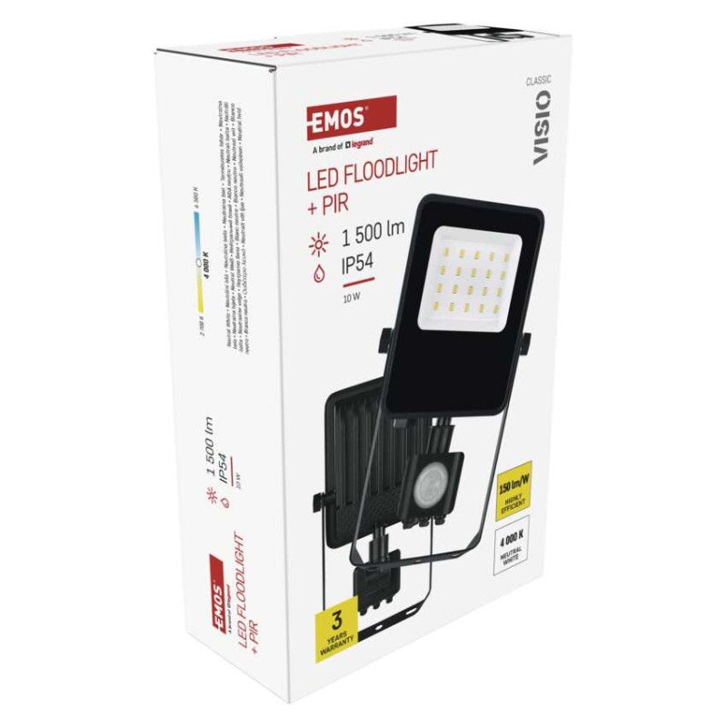 LED prožektors VISIO ar kustību sensoru, 10W, melns, neitrāli balts