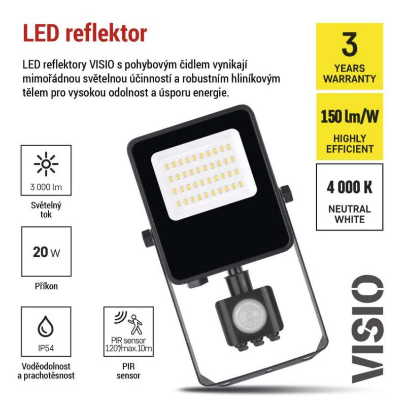 LED reflektor VISIO s pohybovým čidlem, 20 W, černý, neutrální bílá