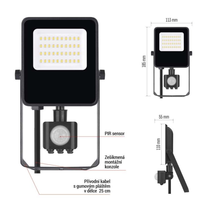 LED reflektor VISIO s pohybovým čidlem, 20 W, černý, neutrální bílá