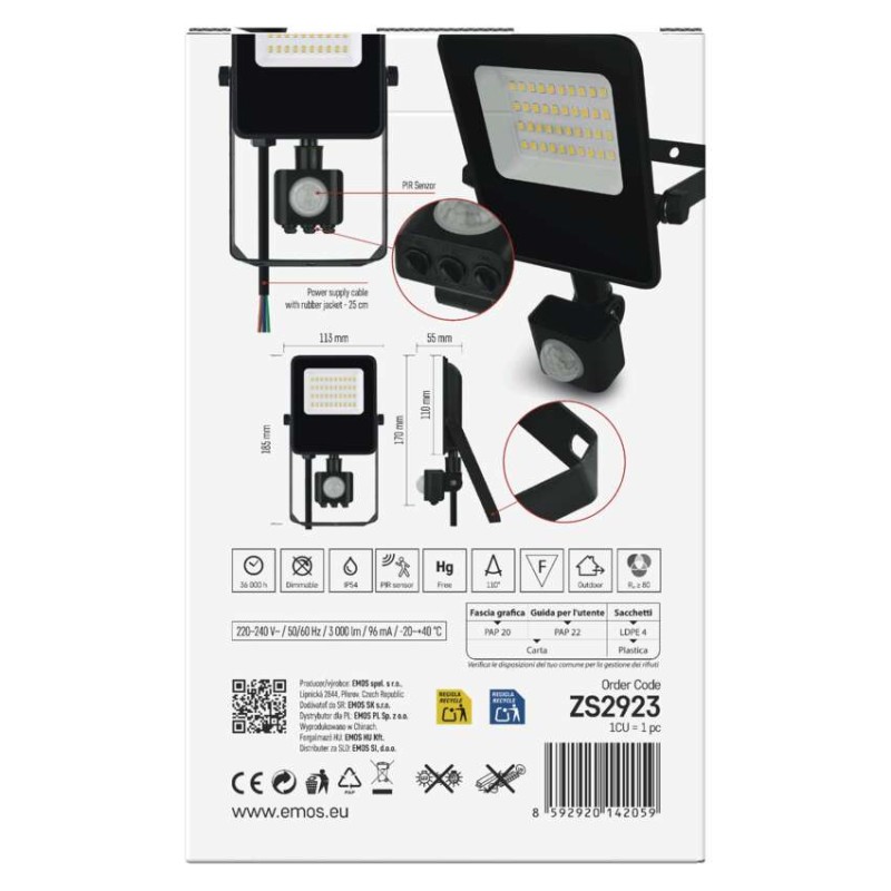 EMOS VISIO LED reflektor 20 W mozgásérzékelővel IP54 term. fehér