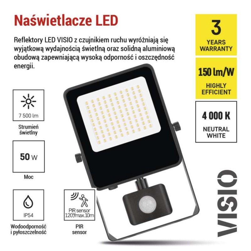 Naświetlacz LED VISIO z czujnikiem PIR 50 W, neutralna biel