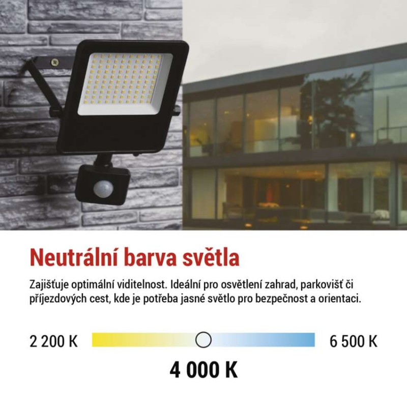 LED reflektor VISIO s pohybovým čidlem, 50 W, černý, neutrální bílá