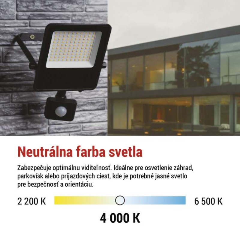LED reflektor VISIO s pohybovým čidlom, 50 W, neutrálna biela, čierný