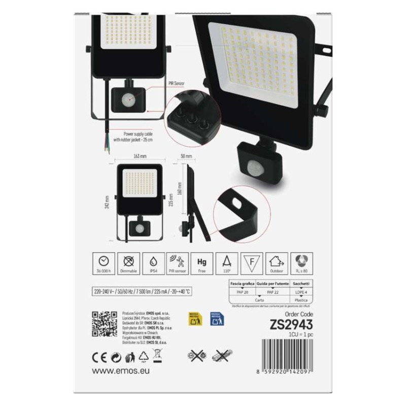 EMOS VISIO LED reflektor 50 W mozgásérzékelővel IP54 term. fehér