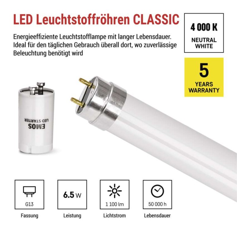 LED-Leuchtstofflampe T8 6,5 W 60 cm neutralweiß 10 St.