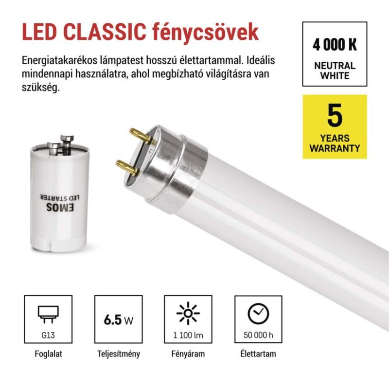 LED Fénycső T8 6,5 W 1100 lm 60 cm, természetes fehér 10 db.