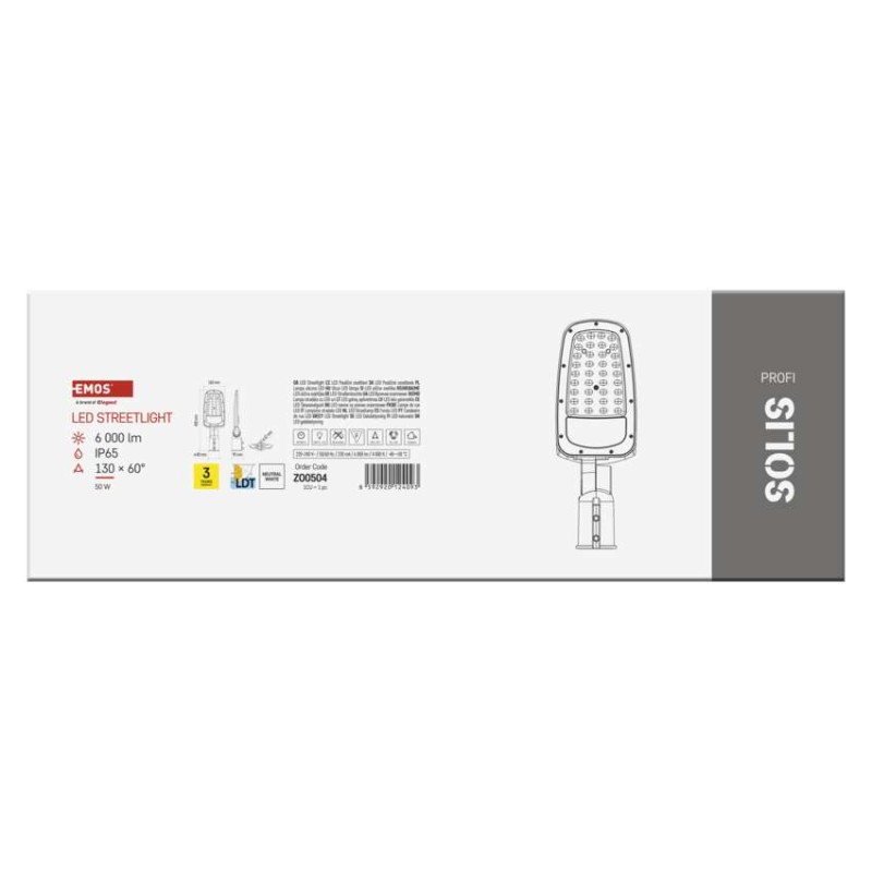 LED publiskais gaismeklis SOLIS 50W, 6000 lm, neitrāli balts